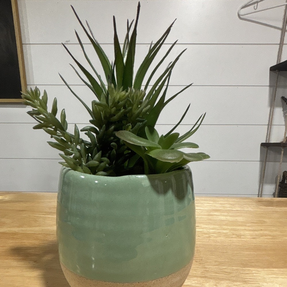 Small Round Glazed Ceramic Succulent Plant Pot Planter Green & Beige